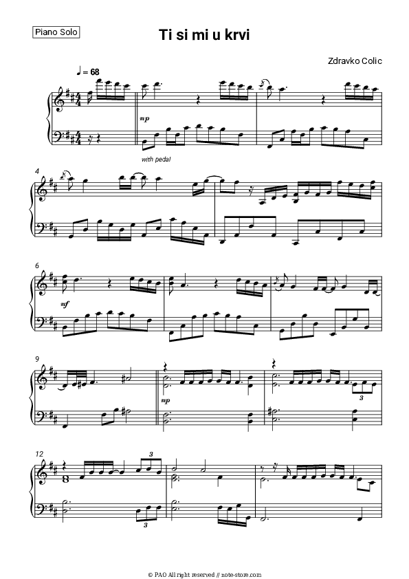 Ti si mi u krvi - Zdravko Colic Piano Sheet Music - Piano.Solo
