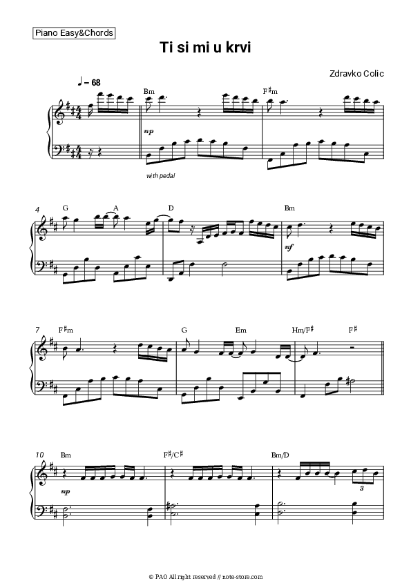 Ti si mi u krvi - Zdravko Colic Sheet Music Easy and Chords - Piano.Easy&Chords