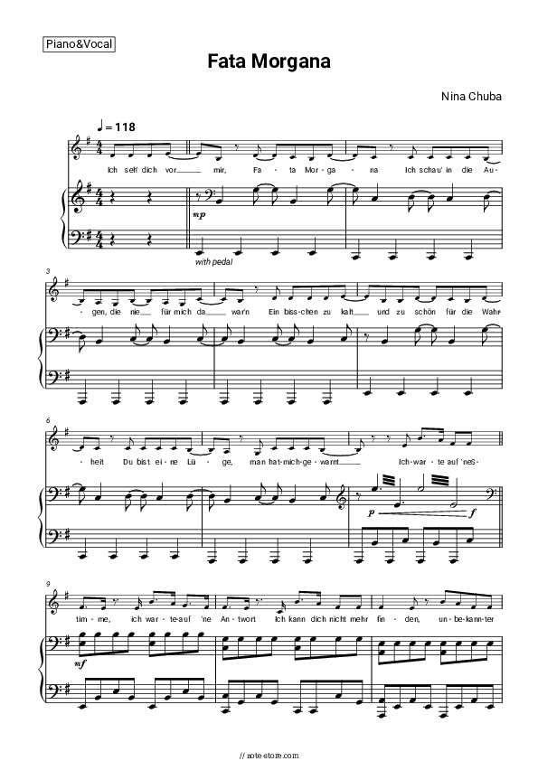 Fata Morgana - Nina Chuba, Tokio Hotel Piano Sheet Music with the Voice part - Piano&Vocal