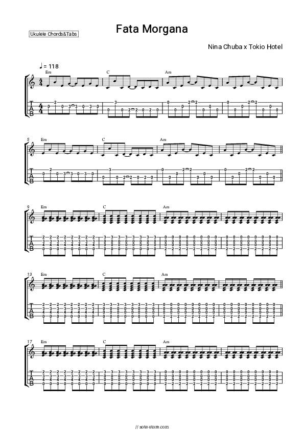 Fata Morgana - Nina Chuba, Tokio Hotel Ukulele Sheet Music - Ukulele.Chords&Tab