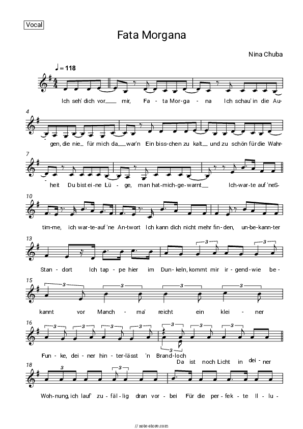 Fata Morgana - Nina Chuba, Tokio Hotel Vocal Sheet Music - Vocal
