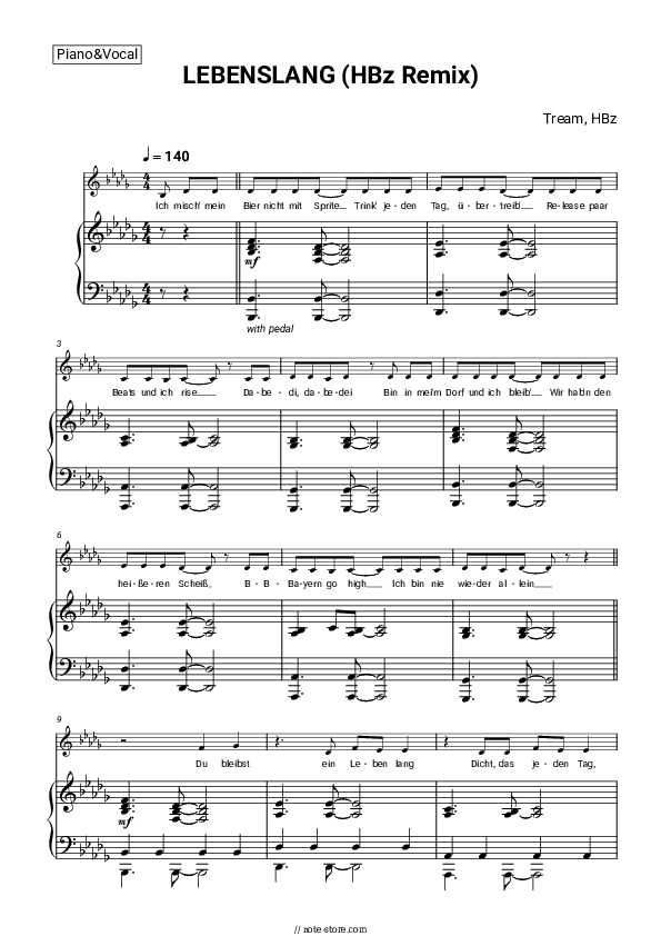 LEBENSLANG (HBz Remix) - Tream, HBz Piano Sheet Music with the Voice part - Piano&Vocal