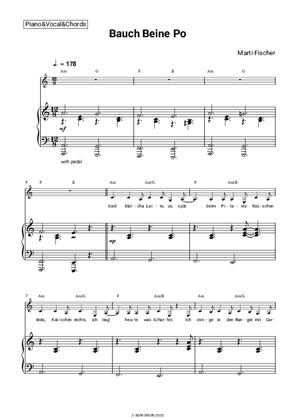 Bauch Beine Po - Marti Fischer Piano Sheet Music with the Vocal and Chords - Piano&Vocal&Chords