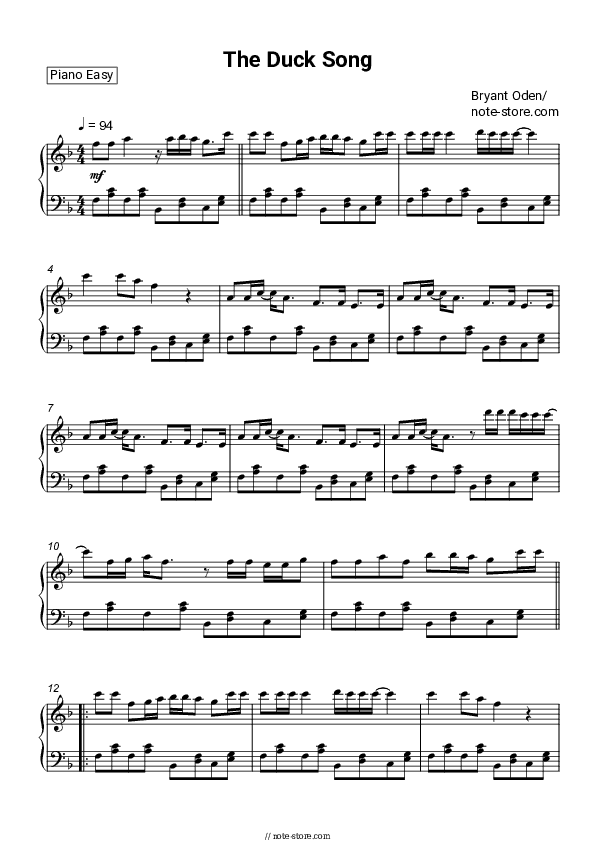 The Duck Song - Bryant Oden Piano Sheet Music Easy - Piano.Easy