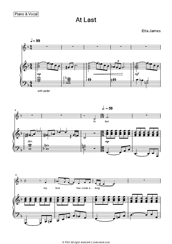 At Last - Etta James Piano Sheet Music with the Voice part - Piano&Vocal