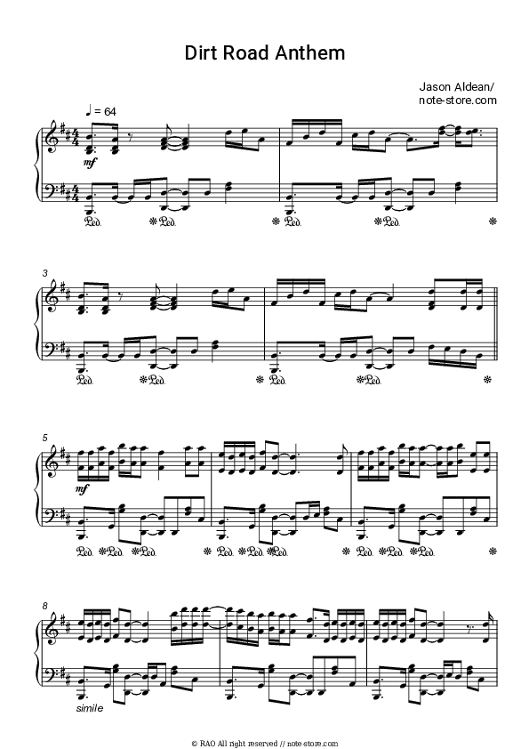 Dirt Road Anthem - Jason Aldean Piano Sheet Music - Piano.Solo