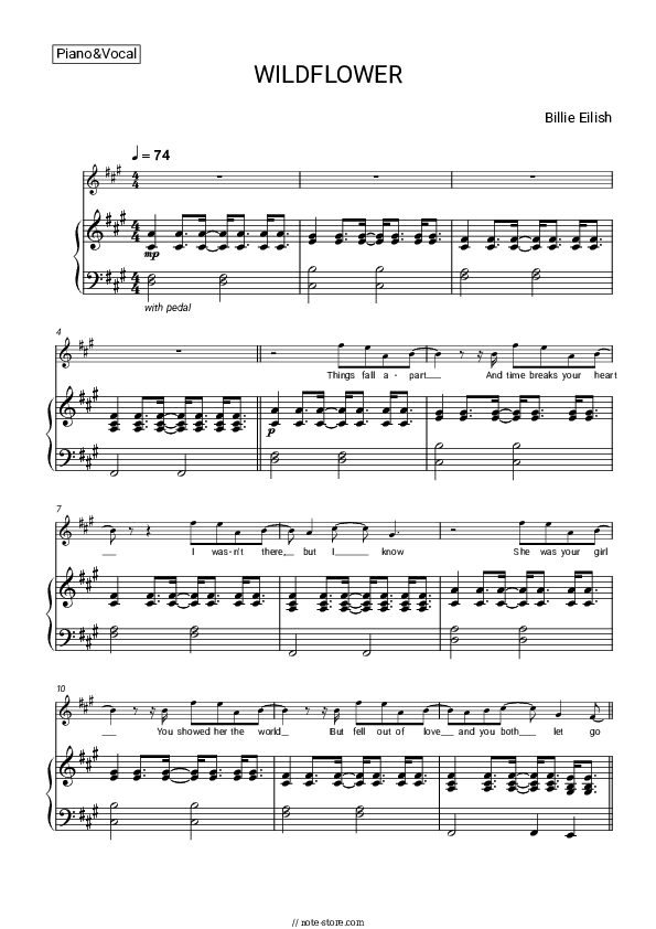 WILDFLOWER - Billie Eilish Piano Sheet Music with the Voice part - Piano&Vocal