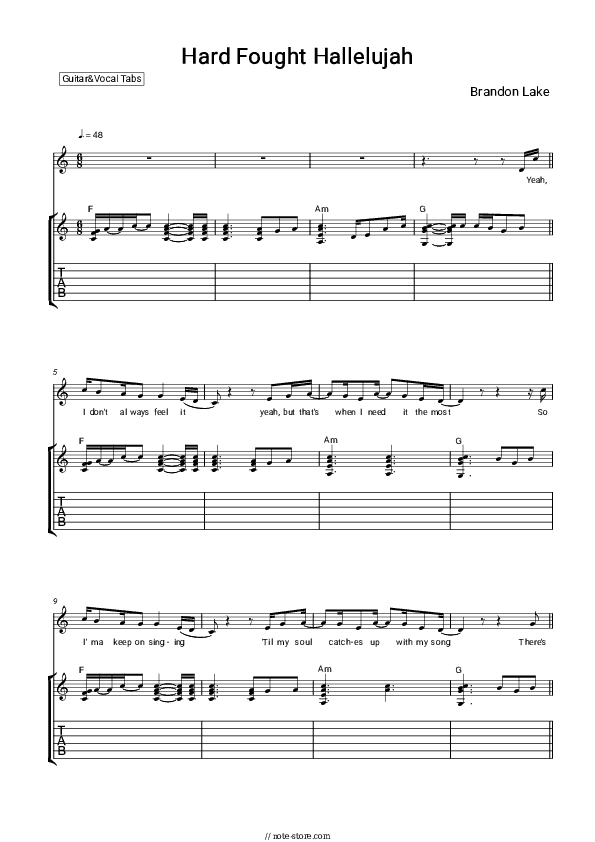 Hard Fought Hallelujah - Brandon Lake Chords and Voice - Guitar&Vocal.Tab