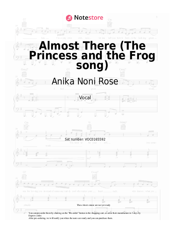 Almost There (The Princess and the Frog song) - Anika Noni Rose, Randy Newman Vocal Sheet Music - Vocal