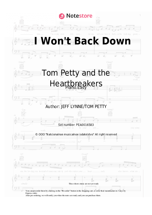I Won't Back Down - Tom Petty and the Heartbreakers Piano Sheet Music Easy - Piano.Easy