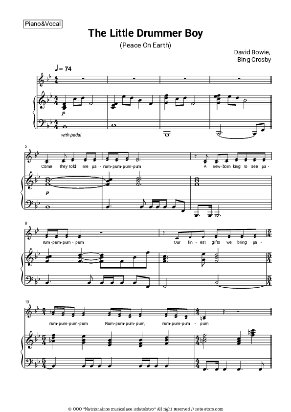 The Little Drummer Boy (Peace On Earth) - David Bowie, Bing Crosby Piano Sheet Music with the Voice part - Piano&Vocal