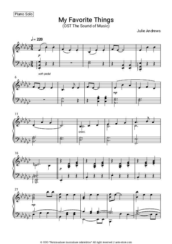 My Favorite Things (OST The Sound of Music) - Julie Andrews Piano Sheet Music - Piano.Solo