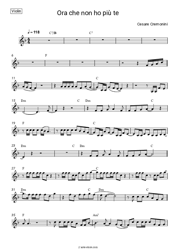 Ora che non ho più te - Cesare Cremonini Violin Sheet Music - Violin