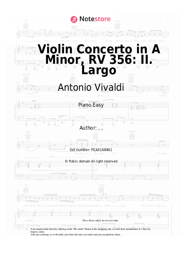 Violin Concerto in A Minor, RV 356: II. Largo - Antonio Vivaldi Piano Sheet Music Easy - Piano.Easy