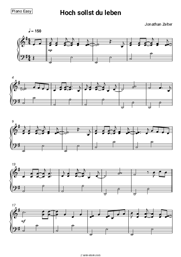 Hoch sollst du leben - Jonathan Zelter Piano Sheet Music Easy - Piano.Easy