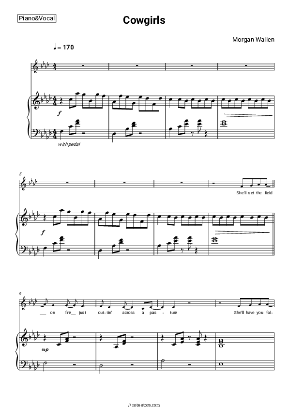 Cowgirls - Morgan Wallen, ERNEST Piano Sheet Music with the Voice part - Piano&Vocal