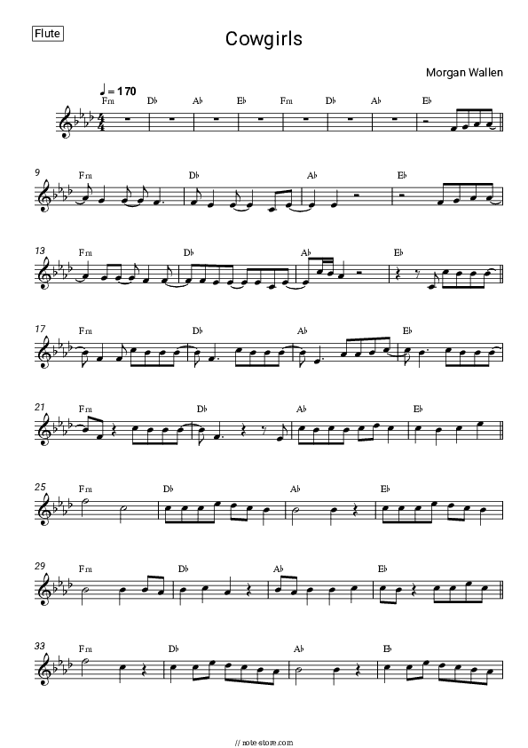 Cowgirls - Morgan Wallen, ERNEST Flute Sheet Music - Flute