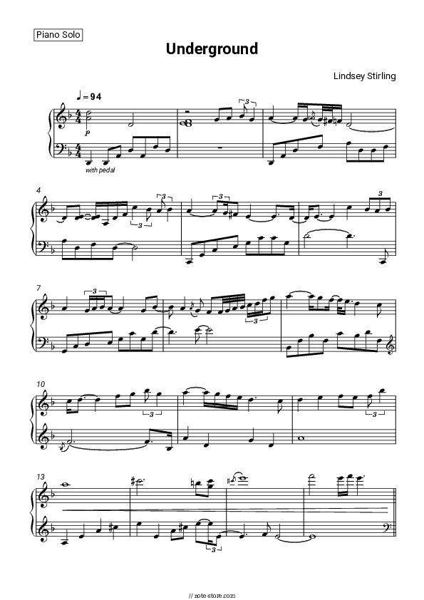 Underground - Lindsey Stirling Piano Sheet Music - Piano.Solo