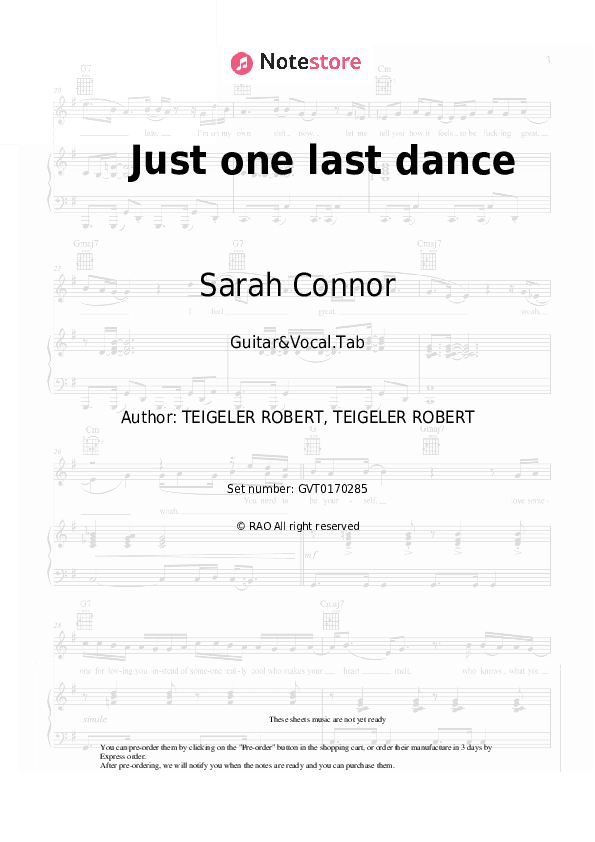 Just one last dance - Sarah Connor, Natural Chords and Voice - Guitar&Vocal.Tab