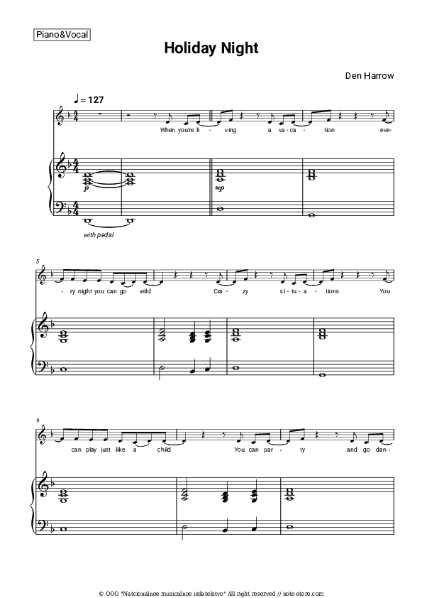 Holiday Night - Den Harrow Piano Sheet Music with the Voice part - Piano&Vocal