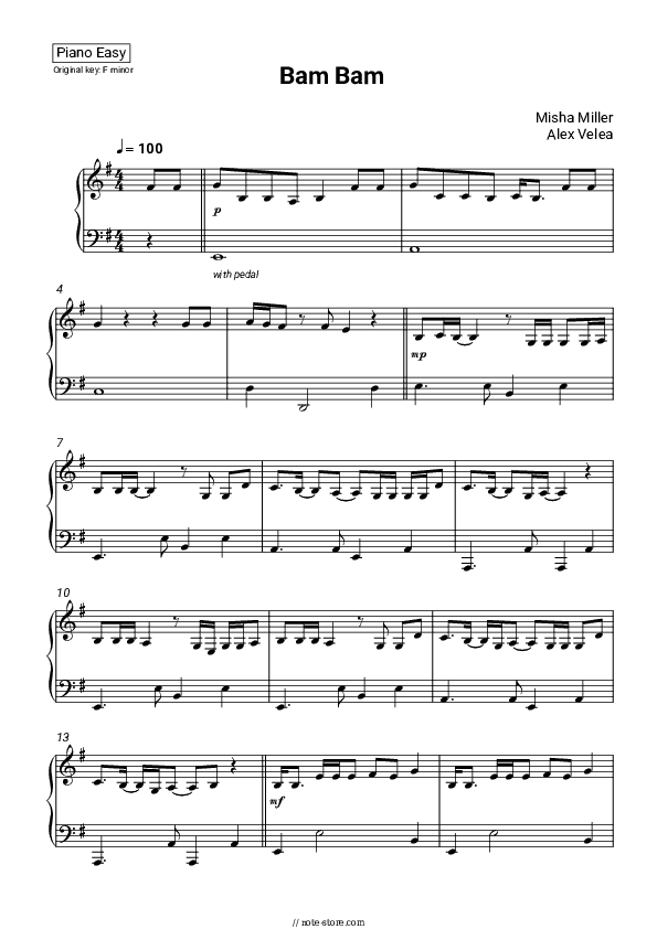 Bam Bam - Misha Miller, Alex Velea Piano Sheet Music Easy - Piano.Easy