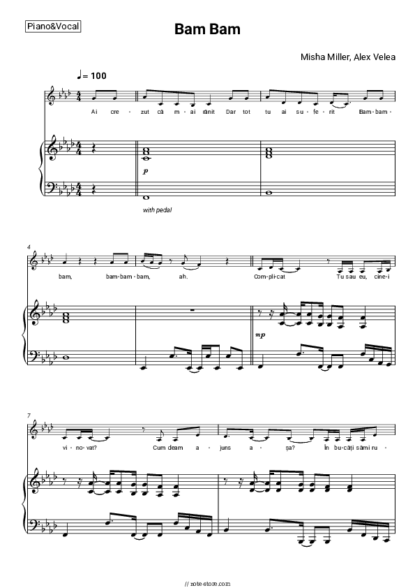 Bam Bam - Misha Miller, Alex Velea Piano Sheet Music with the Voice part - Piano&Vocal