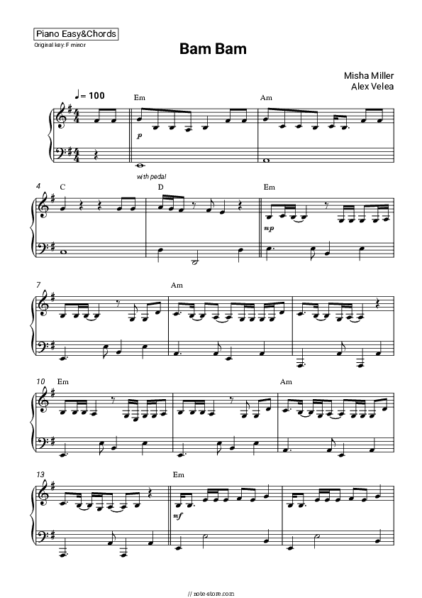Bam Bam - Misha Miller, Alex Velea Sheet Music Easy and Chords - Piano.Easy&Chords