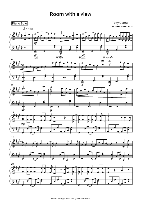 Room with a view - Tony Carey Piano Sheet Music - Piano.Solo