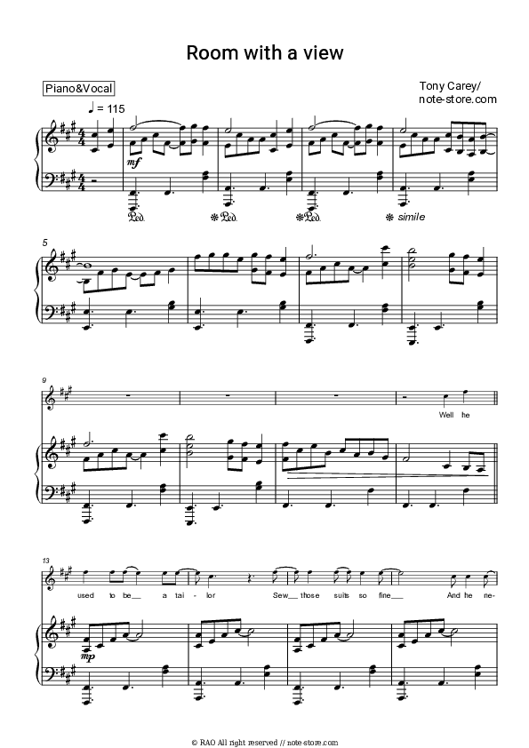 Room with a view - Tony Carey Piano Sheet Music with the Voice part - Piano&Vocal