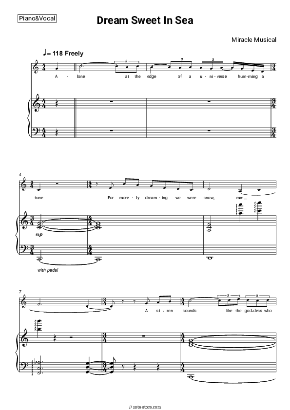 Dream Sweet In Sea Major - Miracle Musical Piano Sheet Music with the Voice part - Piano&Vocal