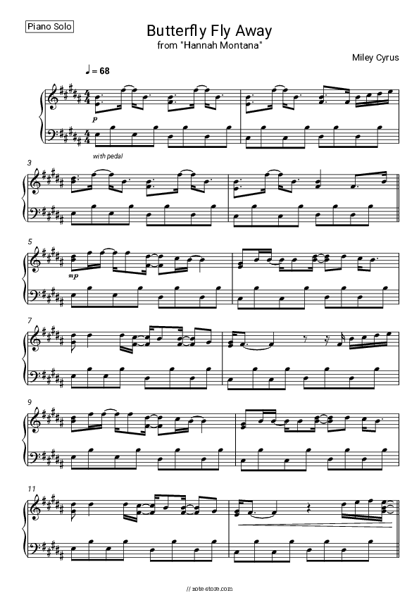 Butterfly Fly Away (from Hannah Montana) - Billy Ray Cyrus, Miley Cyrus Piano Sheet Music - Piano.Solo