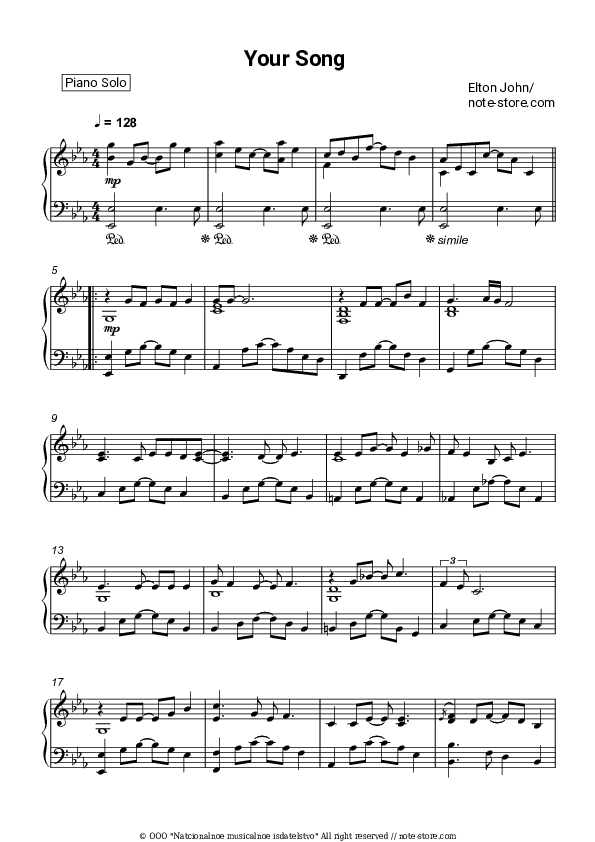 Your Song - Elton John Piano Sheet Music - Piano.Solo