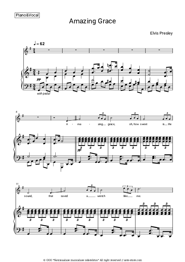 Amazing Grace - Elvis Presley Piano Sheet Music with the Voice part - Piano&Vocal