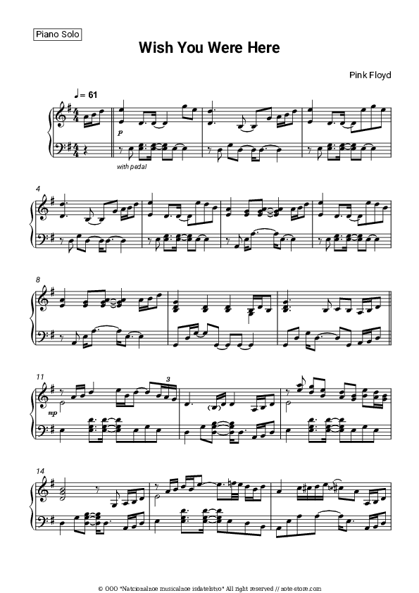 Wish You Were Here - Pink Floyd Piano Sheet Music - Piano.Solo