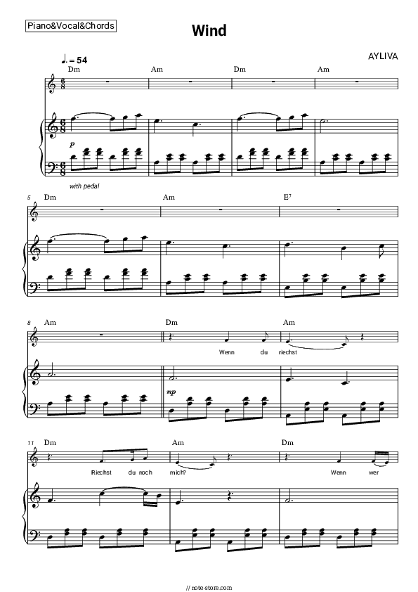 Wind - AYLIVA Piano Sheet Music with the Vocal and Chords - Piano&Vocal&Chords