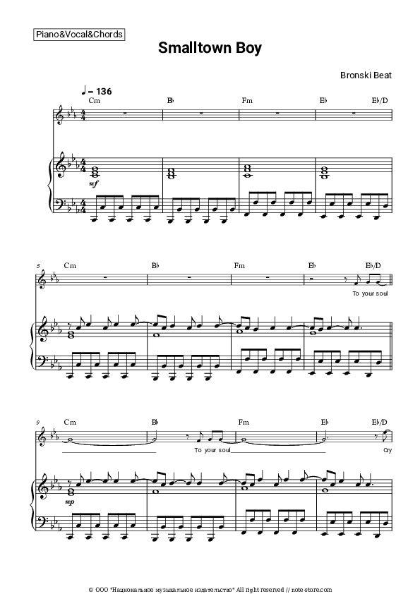 Smalltown Boy - Bronski Beat Piano Sheet Music with the Vocal and Chords - Piano&Vocal&Chords