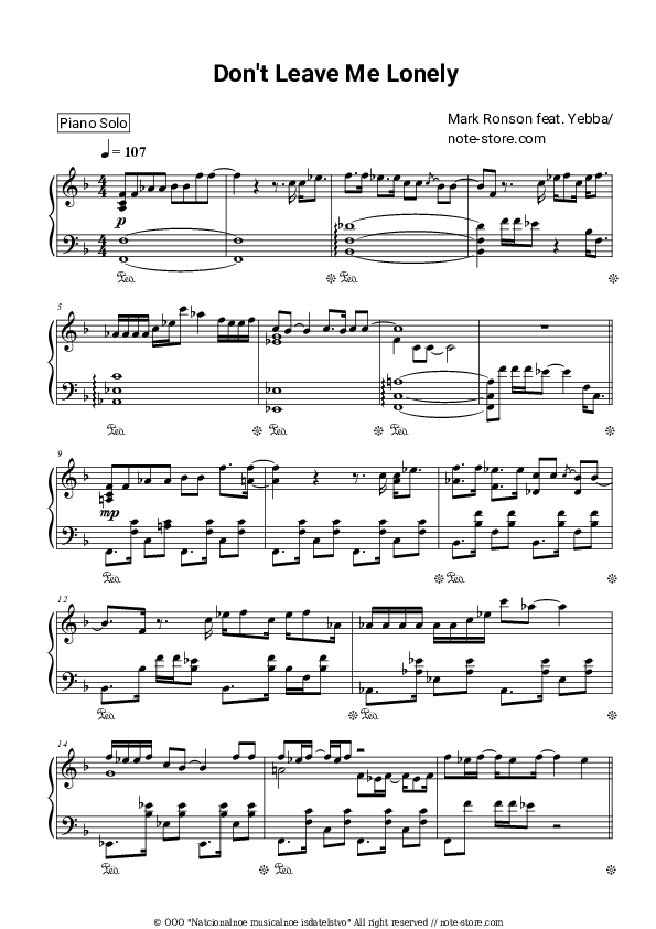 Don't Leave Me Lonely - Mark Ronson, YEBBA Piano Sheet Music - Piano.Solo