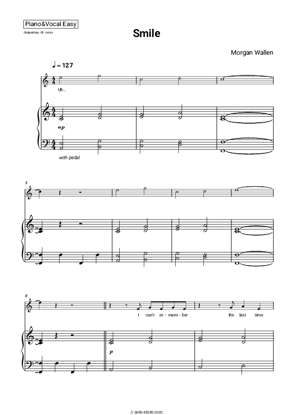 Smile - Morgan Wallen Piano Sheet Music Easy and Vocal - Piano&Vocal.Easy