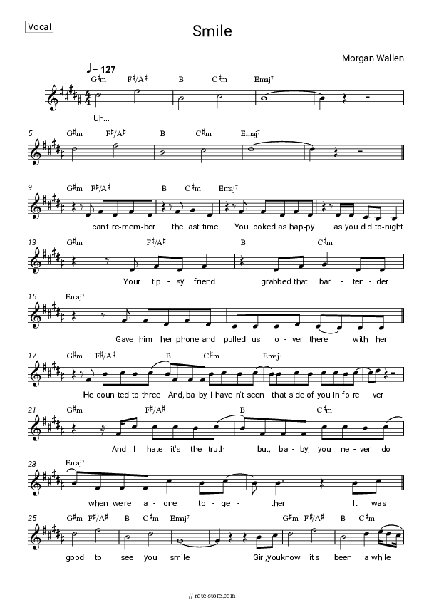 Smile - Morgan Wallen Vocal Sheet Music - Vocal