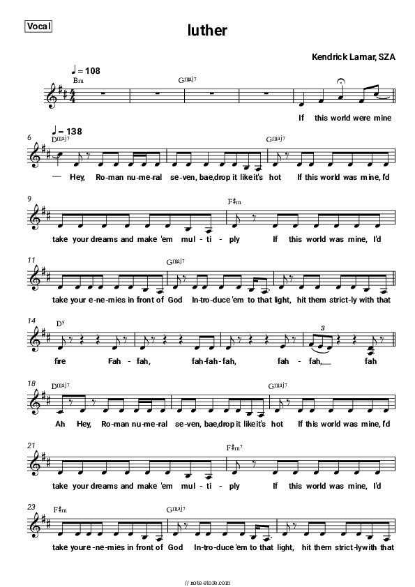 luther - Kendrick Lamar, SZA Vocal Sheet Music - Vocal
