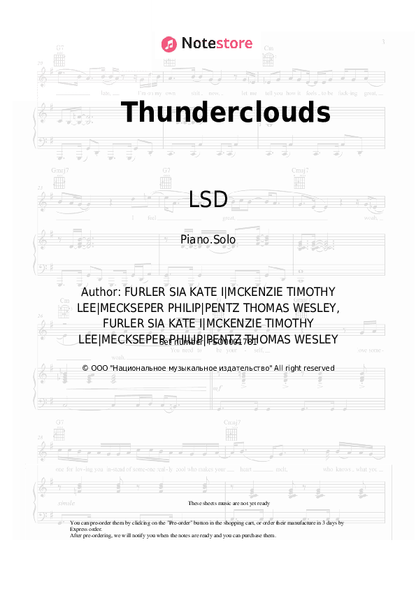 Thunderclouds - LSD, Sia, Labrinth, Diplo Piano Sheet Music - Piano.Solo