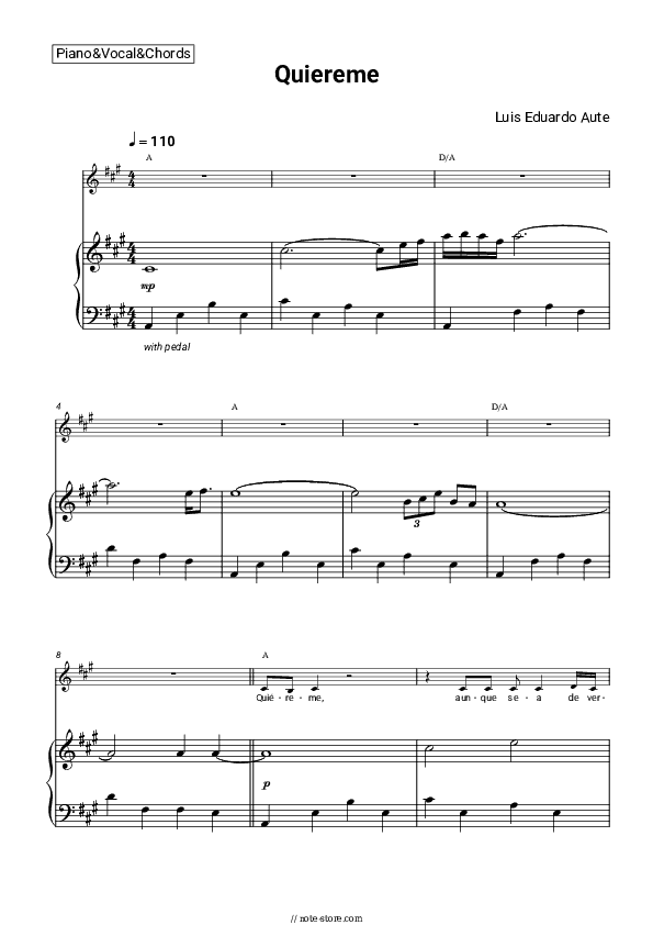 Quiereme - Luis Eduardo Aute Piano Sheet Music with the Vocal and Chords - Piano&Vocal&Chords