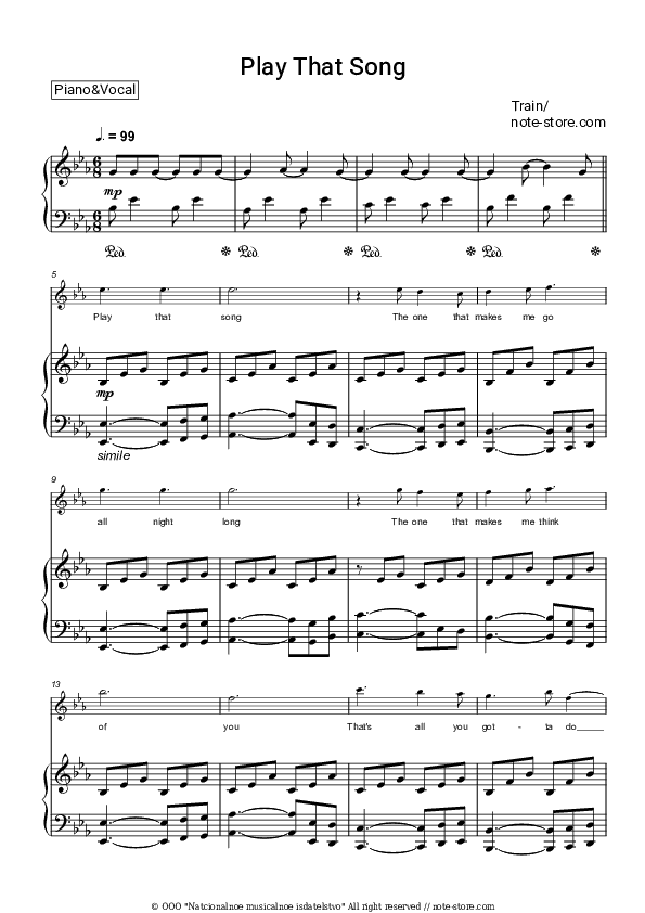 Play That Song - Train Piano Sheet Music with the Voice part - Piano&Vocal