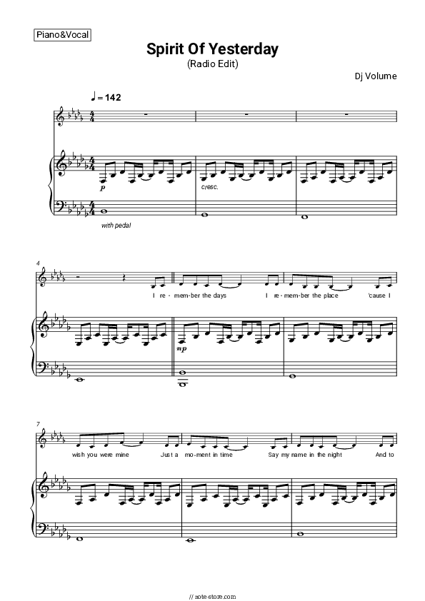 Spirit Of Yesterday (Radio Edit) - Dj Volume Piano Sheet Music with the Voice part - Piano&Vocal