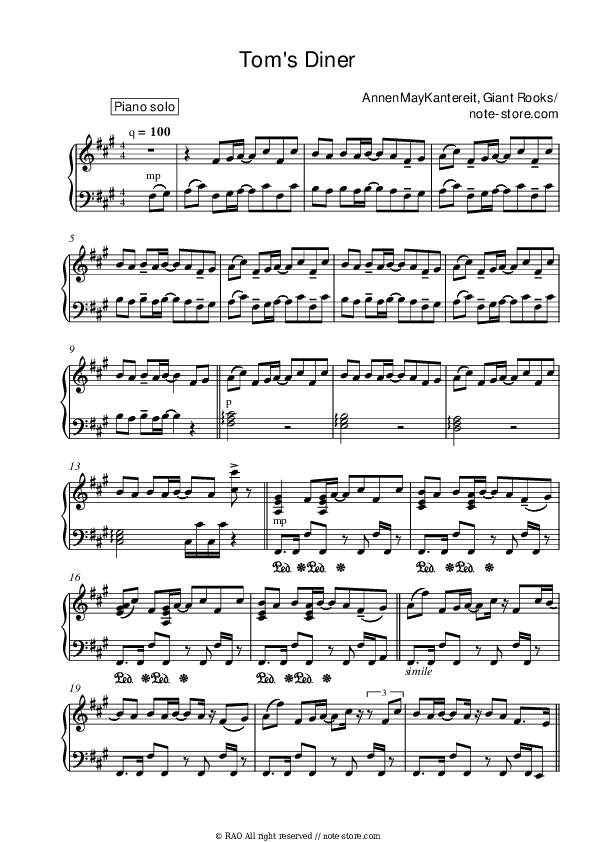 Tom's Diner - AnnenMayKantereit, Giant Rooks Piano Sheet Music - Piano.Solo