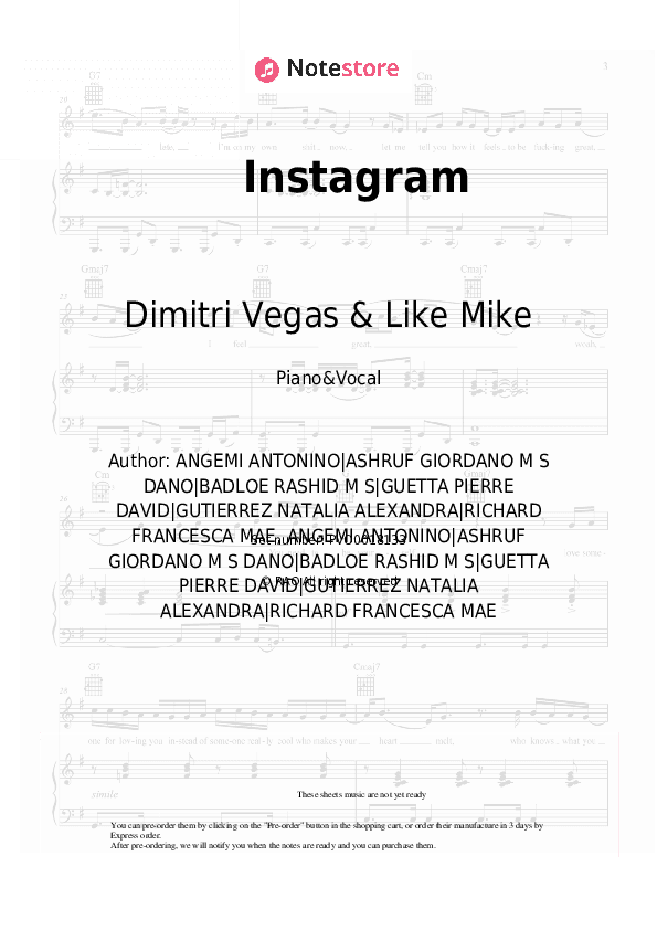 Instagram - Dimitri Vegas & Like Mike, David Guetta, Daddy Yankee, Afro Bros, Natti Natasha Piano Sheet Music with the Voice part - Piano&Vocal