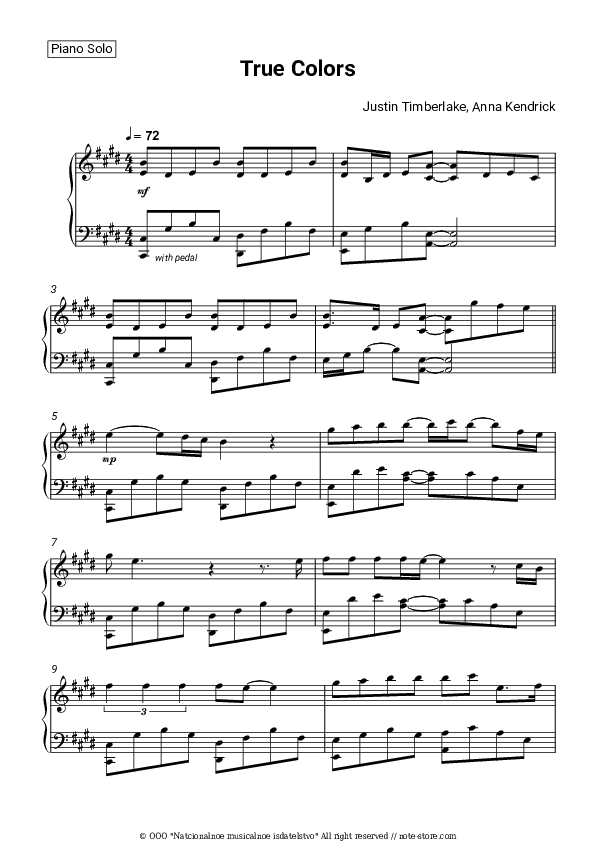 True Colors - Justin Timberlake, Anna Kendrick Piano Sheet Music - Piano.Solo
