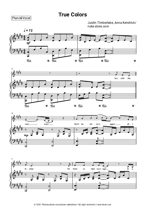 True Colors - Justin Timberlake, Anna Kendrick Piano Sheet Music with the Voice part - Piano&Vocal