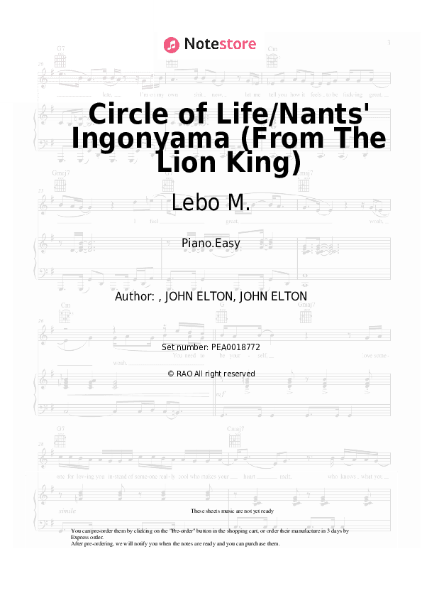 Circle of Life/Nants' Ingonyama (From The Lion King) - Lebo M., Carmen Twillie, Elton John Piano Sheet Music Easy - Piano.Easy