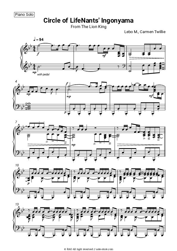 Circle of Life/Nants' Ingonyama (From The Lion King) - Lebo M., Carmen Twillie, Elton John Piano Sheet Music - Piano.Solo